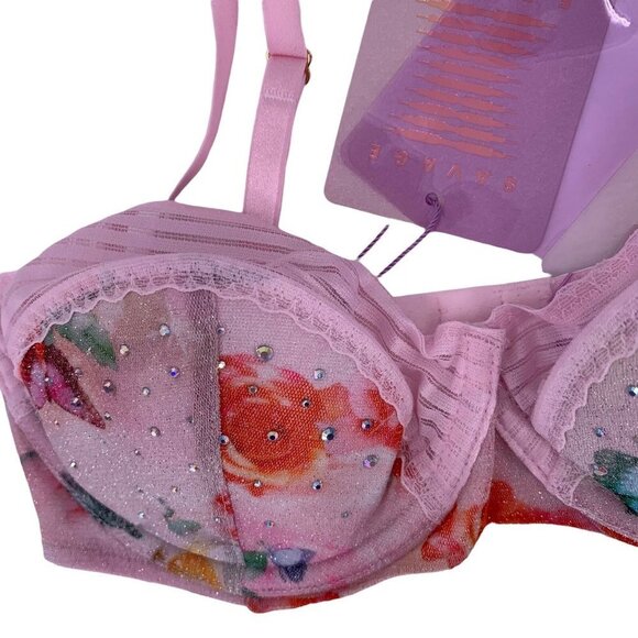 NWT Savage Fenty Pink Floral Lace Underwire Bra with Crystals Size 32D - Picture 2 of 4